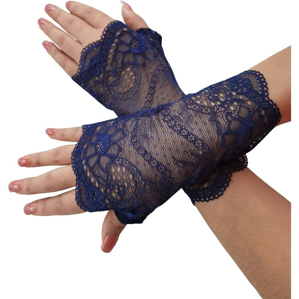 Women's Navy Fingerless Short Lace Gloves Elegant Design Wedding Party Costume